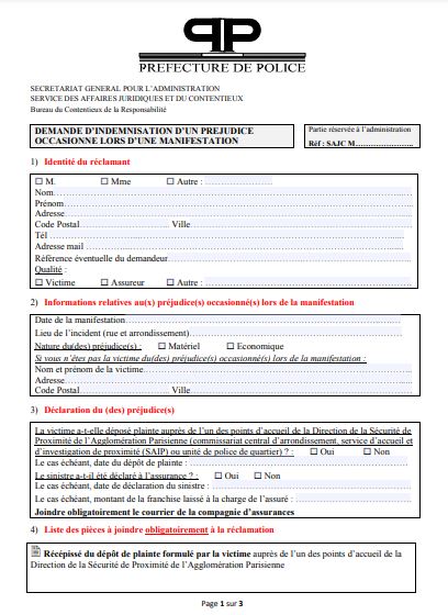 Formulaire de demande d'indemnisation lors de dommages causés par des manifestations