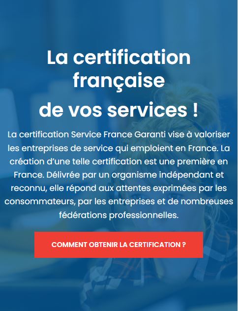La certification Service France Garanti vise à valoriser les entreprises de service qui emploient en France. La création d’une telle certification est une première en France. Délivrée par un organisme indépendant et reconnu, elle répond aux attentes exprimées par les consommateurs, par les entreprises et de nombreuses fédérations professionnelles.