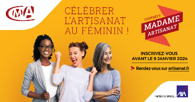Madame Artisanat Organisé par CMA France, en partenariat avec AXA, le concours national « Madame Artisanat » a pour objectif de valoriser la place des femmes cheffes d'entreprise artisanale, les collaboratrices et les apprenties pour leur contribution à l'économie de proximité, promouvoir l'entrepreneuriat et susciter des vocations !
